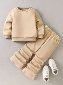 2 件 BASICS 少女休闲百搭舒适宽松圆领长袖运动衫和阔腿针织裤套装 - 杏色 - 查看 3