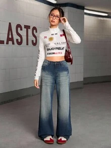 少女 Y2K 风格水洗蓝色宽松休闲牛仔裤，直筒裤，适合日常时尚