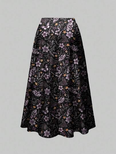 Goth Jupe ample à coupe évasée avec imprimé floral sombre gothique grande taille