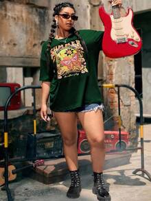 Flirla 夏季大码蝴蝶和字母图案落肩 T 恤 - 墨綠色 - 查看 4