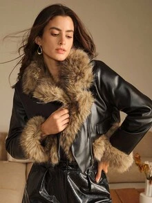 Anewsta 女士时尚翻领长袖仿皮草皮夹克，秋冬 - 黑色 - 查看 7