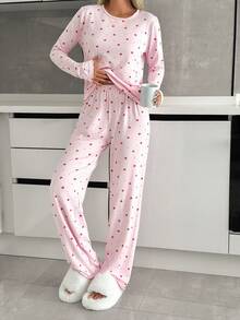 EURMUSE Women Soft Suede Touch Round Neck Heart Pattern Long Sleeve Shirt&Sleep Pants Homewear Pajama Set - Pink - View 4