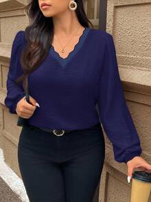 SHEIN Frenchy 秋季大码撞色饰边休闲宽松纹理面料长袖衬衫 - 藏蓝色 - 查看 1