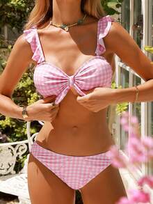 Swim Mod 2pcs Springbreak Women Beachwear Summer Outfits, New Gingham Pattern Pink Ruffled Strap Chest Tie Cute Bikini Set - Pink - View 1