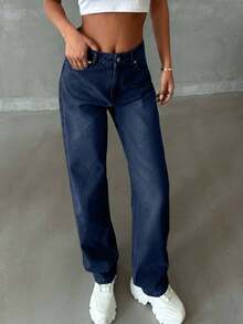 SHEIN Tall HIGH RISE STRAIGHT CUT LIGHT BLUE JEAN TALL - Dark Wash - View 3