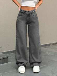 EURMUSE Low Waist Button Detailed Snow Wash Straight Cut Jean - Light Grey - View 9