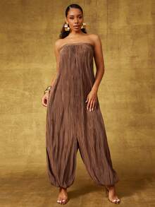 Vixey 褶裥缎面露肩低裆连体裤 - 棕色 - 查看 5