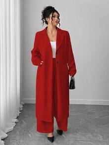 Elenzga Bộ vest blazer dài cổ ve thanh lịch cỡ lớn dành cho nữ + quần, màu mơ - Đỏ - Xem 4