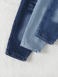 SHEIN Bộ 3 quần jeans phong cách thường ngày cho bé gái, màu xanh nhạt, xanh vừa, xanh đậm, dáng ôm, chất liệu denim cotton thoải mái, thích hợp mặc hàng ngày, xuân/hè/thu/đông - Nhiều màu - Xem 6