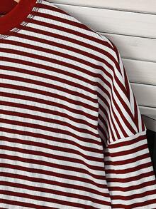 INAWLY Plus Size Women Striped Round Neck Drop Shoulder Long Sleeve Casual Loose T-Shirt