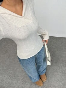 Flirla Casual Solid Color Long Sleeve Fitted Women Sweaters - Apricot - View 3