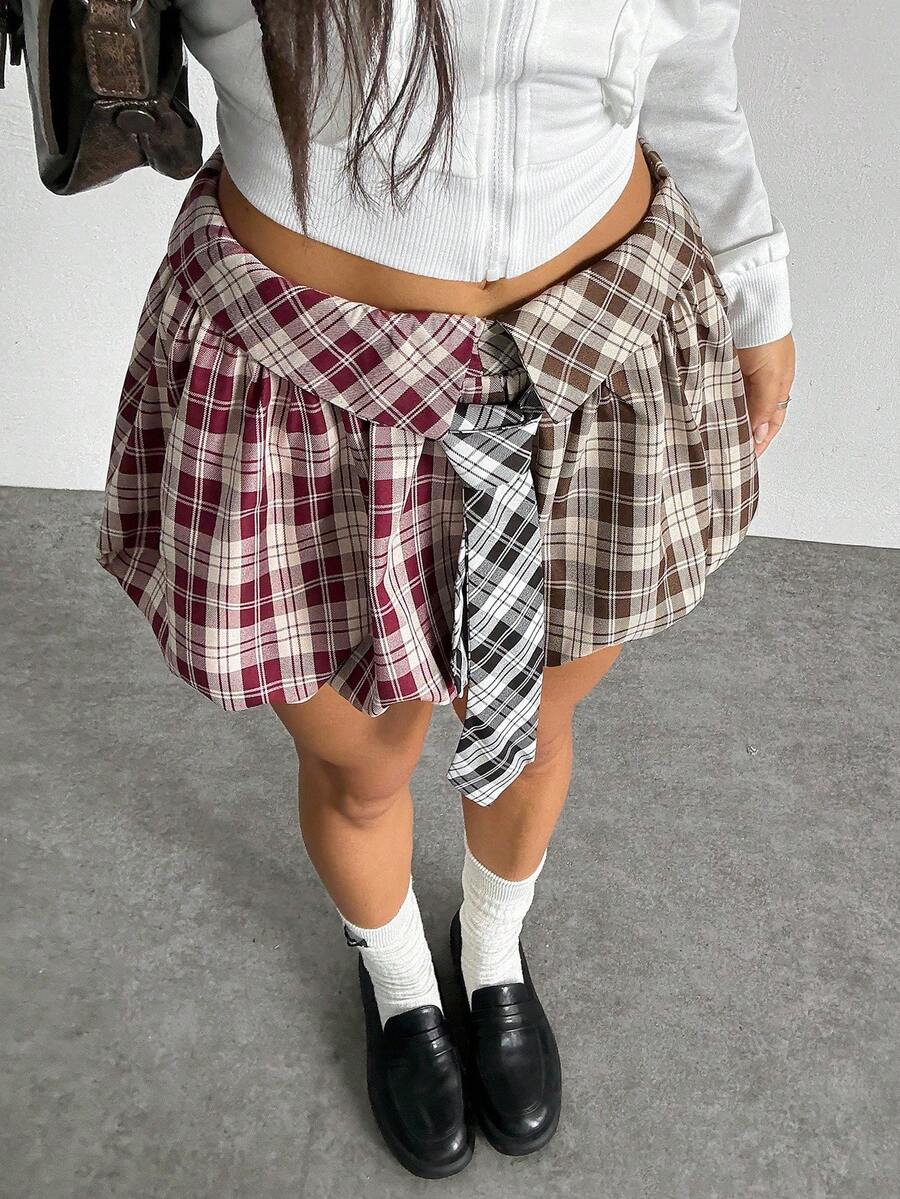 Jeanoix Falda de peplum a cuadros rojos y marrones de moda casual para mujer con decoración de corbata, adecuada para uso diario y citas - Burdeos - Ver 1