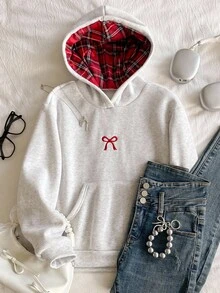 少女休闲卫衣，饰有蝴蝶结刺绣，时尚百搭，带口袋，适合秋冬季穿着 - 淺灰色 - 查看 4