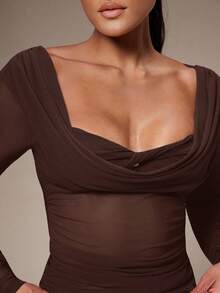 Silquee Áo thun dài tay cổ tròn màu trơn thời trang dành cho nữ - Cà phê nâu - Xem 7