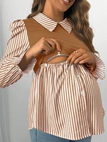 SHEIN Maternity Striped Lapel Gigot Sleeve Casual Nursing Top - Brown - View 4