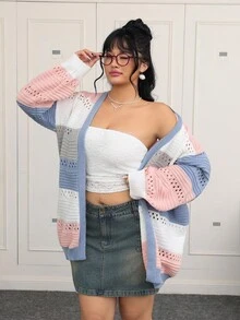 SHEIN EZwear 大码休闲拼色条纹镂空针织开衫，秋冬 - 彩色 - 查看 7