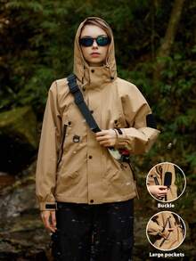 WanderVale Women's Hooded Jacket With Sleeve Patch, Elastic Cuff, Zipper Closure, Front Zipper, Adjustable Hem, Suitable For Spring And Autumn - Khaki - View 7