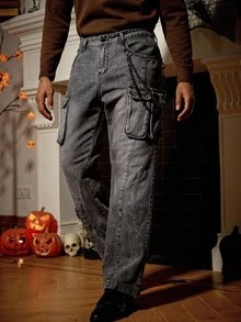 Manfinity Homme Calça Jeans Masculina Reta com Bolsos Cargo e Boca de Sino - Cinza - Visão 4