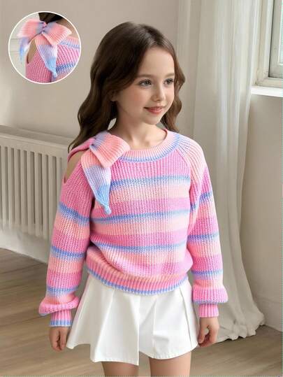 Sparklyn 青少年女孩新款时尚蝴蝶结毛衣 - 粗条纹、长袖、宽松百搭针织套头衫，设计柔和，秋冬