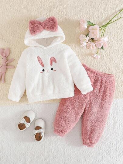 SHEIN LMoss Kids 女婴卡通图案蝴蝶结装饰连帽衫和裤子休闲装，秋冬