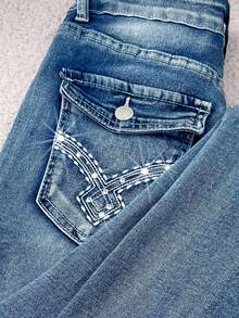 Comfortcana Embroidery Flap Pocket Flare Leg Jeans - Medium Wash - View 3