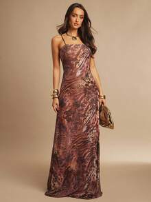 Silquee Vestido evasé sin mangas con estampado de leopardo y superposición de malla, adecuado para citas románticas, fiestas, San Valentín, festivales de música - Multicolor - Ver 4