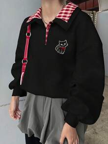 FRIFUL Women's Regular Collar Loose Plaid Fabric Patchwork Front Cute Animal Decor Collegiate Style Fleece Thick Sweatshirt, Autumn Kawaii Shirt Dark Academia Clothes Korean Fashion Anime Clothes Aesthetic Clothes,Winter