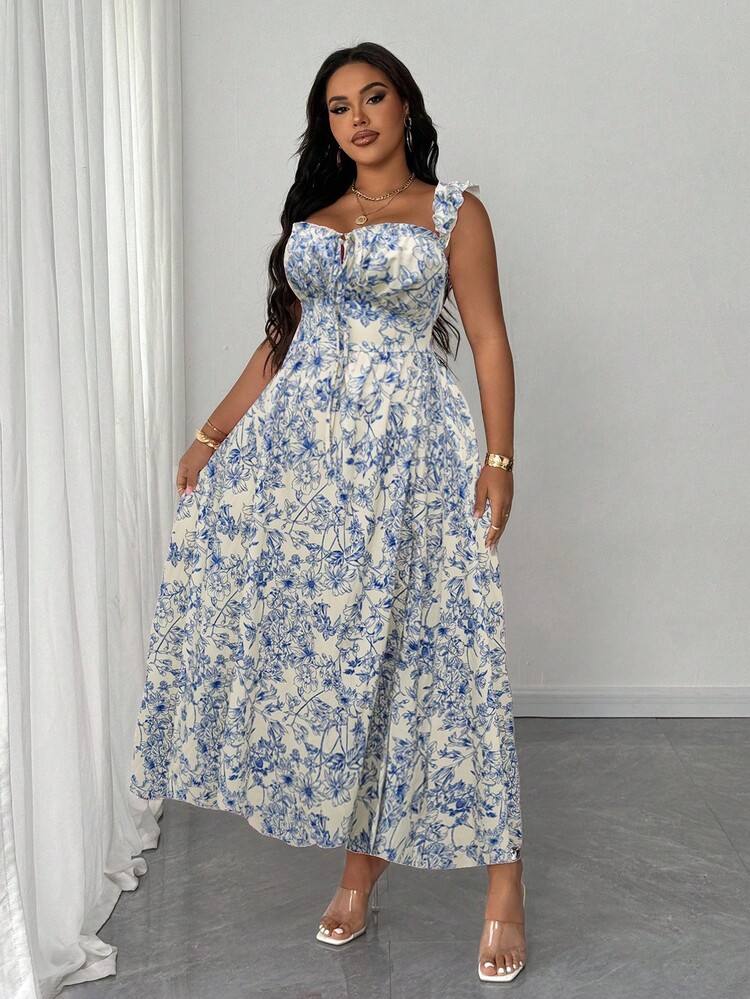 SHEIN Unity Plus Size Summer Floral Print Dress With Ruffle Hem And Side Slit - Multicolor - View 4