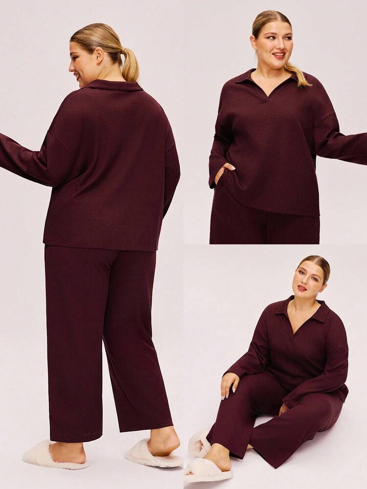 크리스마스 & 새해 잠옷 플러스 사이즈 여성용 부드러운 레드 & 버건디 코튼 와플 기본 긴팔 & 긴 바지 라운지웨어 포켓이 있는 2피스 잠옷 세트 포켓이 있는 란제리 바지 가을 잠옷 의류 매칭 세트