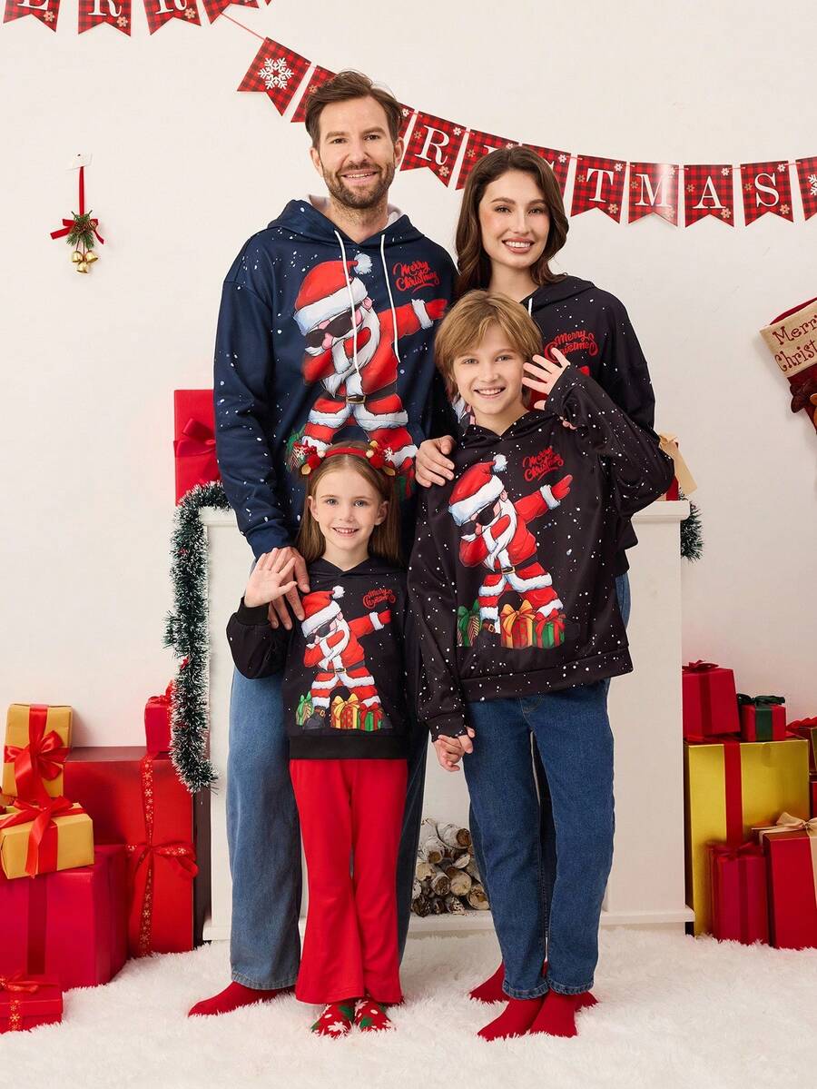 SHEIN 圣诞新款女童套装，连帽卫衣印有戴着墨镜、手捧礼物的圣诞老人趣味数码图案，搭配宽松红色喇叭裤，休闲舒适，充满可爱圣诞气息，适合秋冬季亲子/母女穿着。 - 彩色 - 查看 1