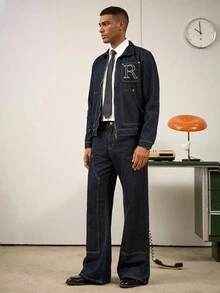 RivetRise 2pcs Men Letter Embroidered Denim Jacket And Flared Leg Jeans Clothes Set, Fall - Dark Wash - View 3