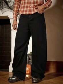 Manfinity Homme 男士美式街头风格破洞牛仔裤，蜘蛛刺绣朋克常规水洗图案黑色宽松迪斯科街头破洞牛仔裤，垃圾摇滚 - 黑色 - 查看 3