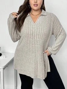 SHEIN CURVE+ Camiseta larga de cuello alto acanalado y manga larga con textura suave para mujer, para otoño/invierno - Gris - Ver 5