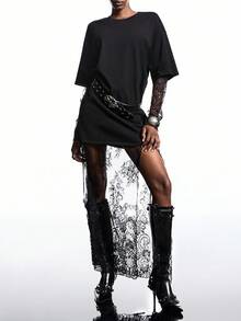 LYSMO Vestido largo holgado con cuello redondo y encaje de contraste para mujer