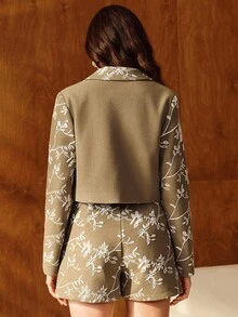Anewsta 刺绣长袖V领夹克和阔腿短裤女士套装 - 綠色 - 查看 2