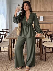 EMERY ROSE Plus Size Women's Contrast Lace Tie Waist Lantern Sleeve Shirt And Wide Leg Pants Casual 2 Pieces Set Fall Cloth For Women - Green - View 7