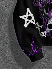 Manfinity ZONE917 Box-Cut Cropped Dark Purple Flame Gothic Skull Cross Pattern Fleece Hoodie
