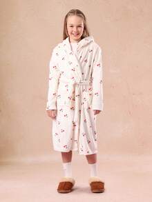 SUMWON 樱桃印花毛绒浴袍 女童连帽浴袍 舒适冬季睡衣 长袖家居服 柔软抓绒 节日礼物 女童浴袍 女童家居服 樱桃图案 女童服装 儿童SPA浴袍套装 女童雨衣 适合秋季休闲度假 - 白色 - 查看 5