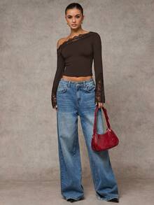 SHEIN BAE Áo thun nữ cổ bẻ tay loe màu đen trơn phối ren vá họa tiết bất đối xứng, dáng ôm vừa vặn, thanh lịch, thích hợp cho các buổi hẹn hò, tiệc tùng ngày lễ, đi chơi thời trang, hoạt động buổi tối, trang phục đi hộp đêm - Cà phê nâu - Xem 5