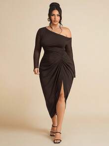 SHEIN BAE 大码女式褶饰网眼长袖半透明连衣裙 - 咖啡棕 - 查看 1