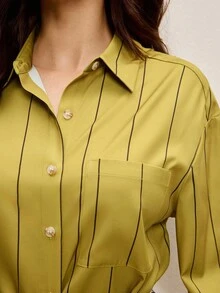 BizChic 2025 Autumn/Winter New Yellow-Green Striped Print Lapel Button-Front Women's Shirt, Modern Elegant Urban Business Casual Office Wear, Suitable For Dates, Parties, Outings, Airports, Romantic Country Music Concerts, Old Money Style, Korean Fashion, Airport, Wedding Guest, Birthday, Halloween, Christmas,Fall Tops Women Work Blouses Women Button Down Shirts Office Blouse Striped Shirt Women - Green - View 6