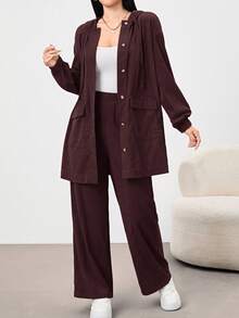 Mulvari 2pcs Khaki Women Casual Daily Hooded Shirt And Pants Set, Autumn/Winter 2 Pieces Set - Coffee Brown - View 4