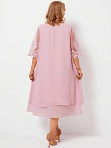 Miaspire Plus Size Women's Round Neck Mesh Splice Casual Daily Wear Spring Summer Ripe Elegant Mom Pink Dress