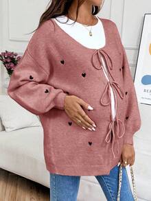 SHEIN Cardigan ample décontracté à manches tombantes avec motif en forme de cœur, à nouer devant. Hauts décontractés pour femmes. Chandail oversize pour femmes enceintes. Vêtements de maternité pour l'automne et l'hiver. Chandail avec nœud.