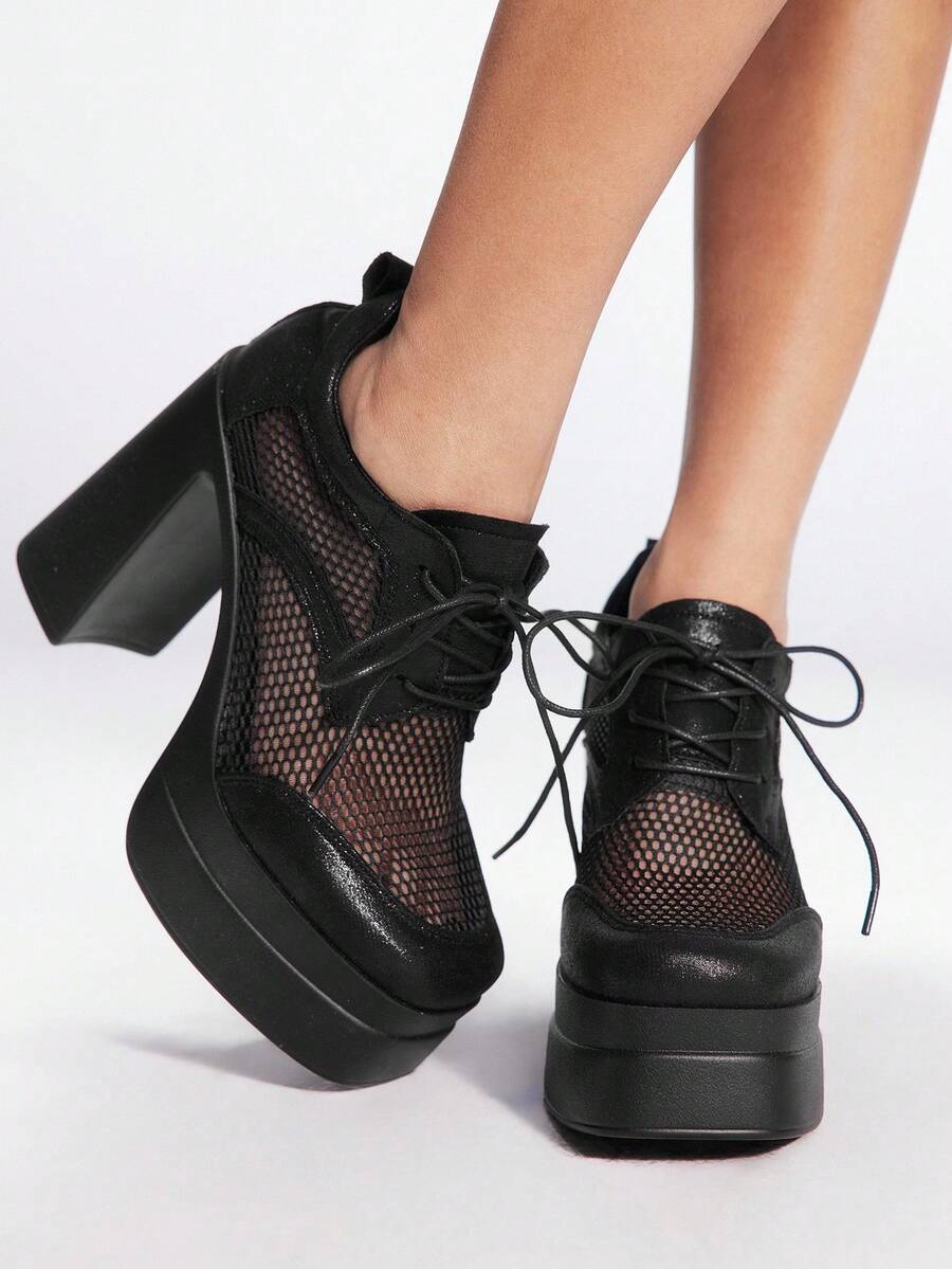 Sugerpunk Women's Black Mesh High Heel Pumps, Suitable For Daily, Goth, Punk, And Campus Wear - Black - View 1