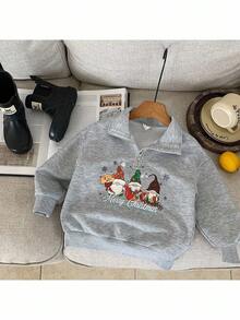 SHEIN Young Girl Solid Color Christmas Pattern Stand Collar Half-Zip Casual Sweatshirt Autumn Winter Clothes - Grey - View 3