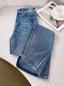 Comfortcana Embroidery Flap Pocket Flare Leg Jeans - Medium Wash - View 2