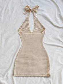 Soleia 女士度假露背系带镂空露背杏色花卉刺绣针织连衣裙，适合派对、晚会、性感、约会、海滩度假、夏季服装、假日约会、下午茶、海滩游轮度假、公路城市度假、波西米亚风度假、音乐节 - 杏色 - 查看 2