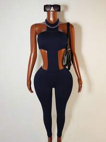 Mistrie Women's Casual Solid Color Backless Tie-Up Jumpsuit - Royal Blue - View 3