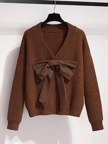 SHEIN Franclia Bow Knit Sweater, Casual Chic Maillard Coffee Color Top